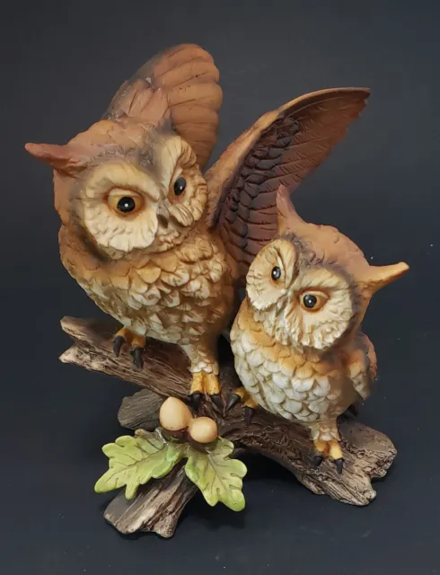 Porcelain Owls Statue HOMCO #1404 Vintage  Parent and Baby Owls on Branch