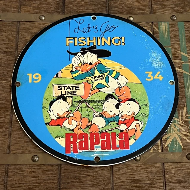 VINTAGE 8& RAPALA Porcelain Sign Disney Duck Fishing Tackle Lure