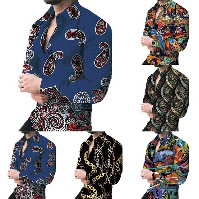 Camicie abito muscoloso stampa vintage da uomo a maniche lunghe e vestibilità s