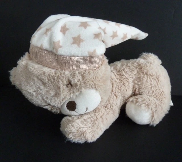 *. Doudou peluche INTERBABY OURS endormi bonnet étoile beige blanc 24cm ET NEUF