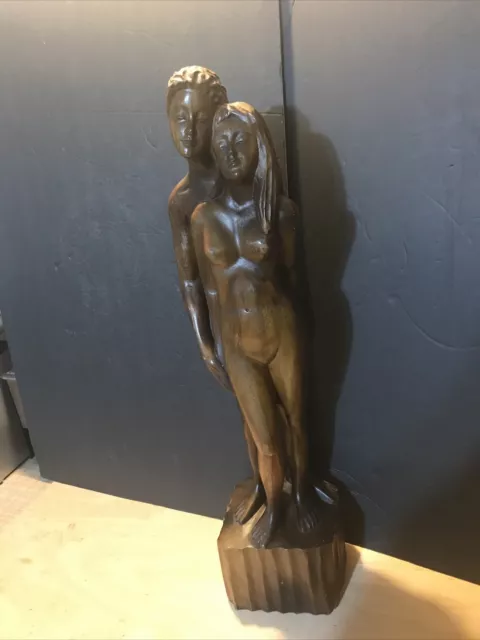 Vintage Wood Carved Nude Women & Man Statue Art Sculpture 24" Tall MCM