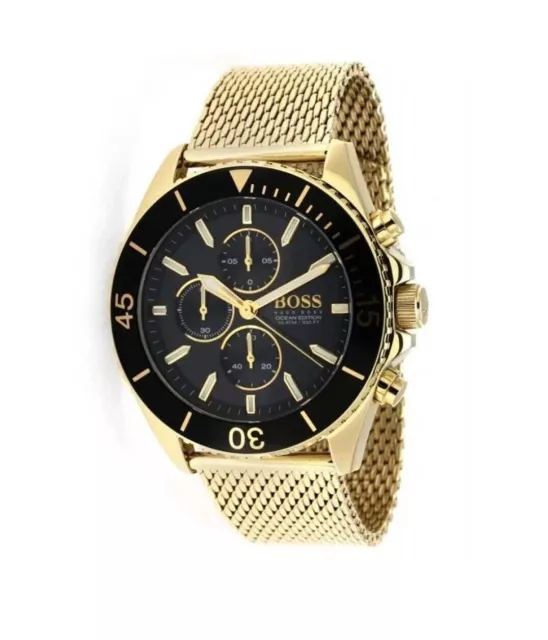 New Genuine Hugo Boss Hb1513703 Yellow Gold With Black Dial Mesh Mens Watch Uk