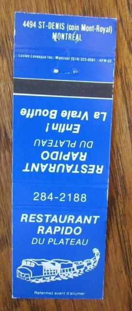 Train On Matchbook Matchcover: Rapido Restaurant (Montreal, Quebec) -E25