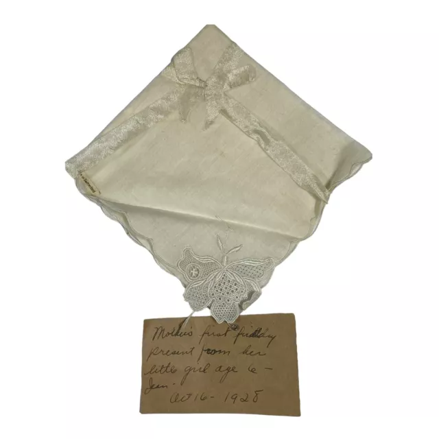 Antique Ladies Handkerchief 1928 Needle Lace Linen 9.75" x 10" With History