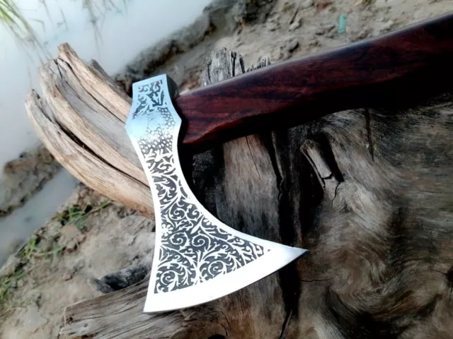 Mdm Hand Engraved Tomahawk Combat Hatchet Bearded Walnut Wood Axe - Razor Sharp