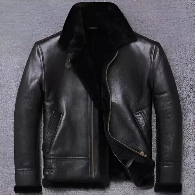 Veste Aviateur Bomber B3 RAF En Vrai Cuir De Mouton Noir - Taille XS à 5XL - Style Motard Vintage