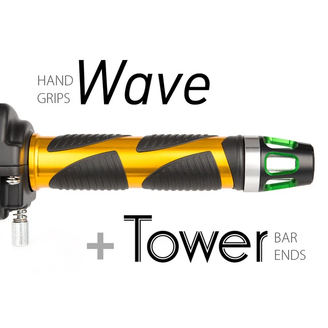 KiWAV Motorcycle Wave Grips Gold with Tower Bar Ends Green/Silver