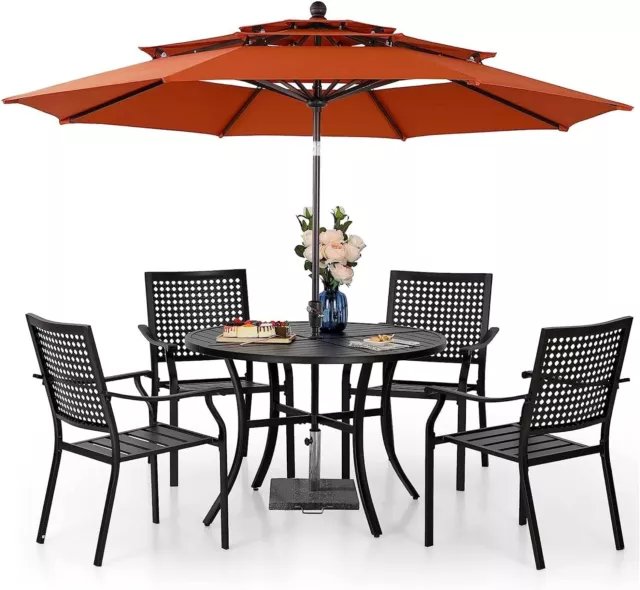 6 PCS Outdoor Dining Set Patio Furniture Metal Table and Chairs Set W/ Umbrella