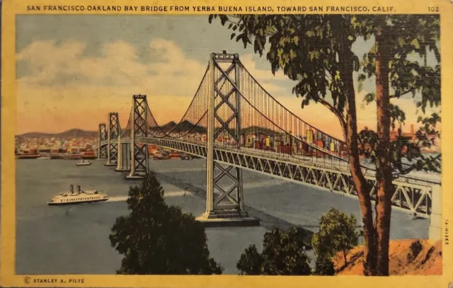 San Francisco Oakland Bay Bridge - Vintage Postcard - 1930-1945 Linen