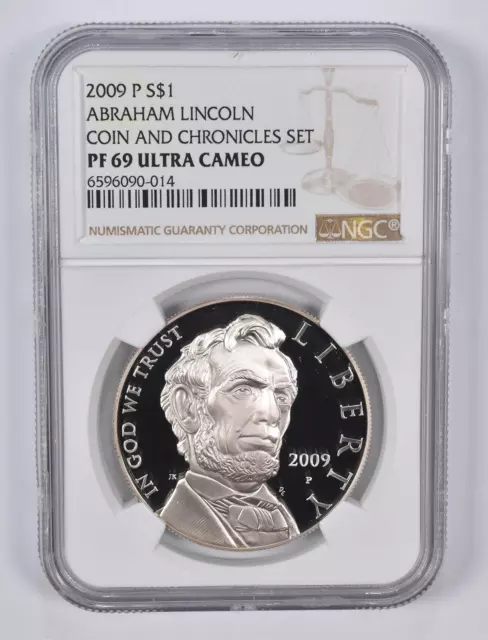 PF69 2009-P Abraham Lincoln Coin & Chronicles Set Silver Dollar NGC Brown Label