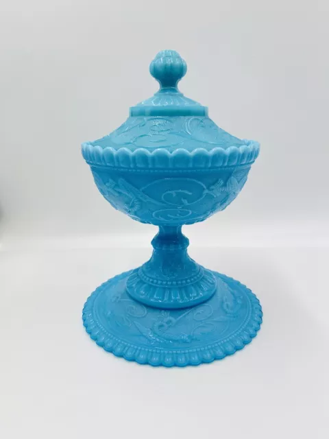 Rare Portieux Vallerysthal BLUE Opaline Milk Glass Covered Compote TARASQUE