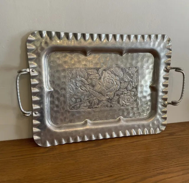 Cromwell Floral Aluminum Serving Tray with Handles Hand Wrought Vintage