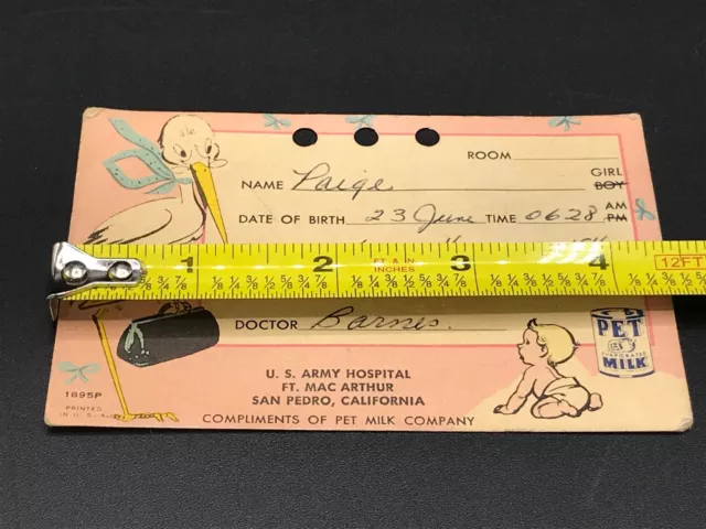 Vintage Pet Milk Birth Card U.S. Army Hospital Ft. Mac Arthur San Pedro 1950s