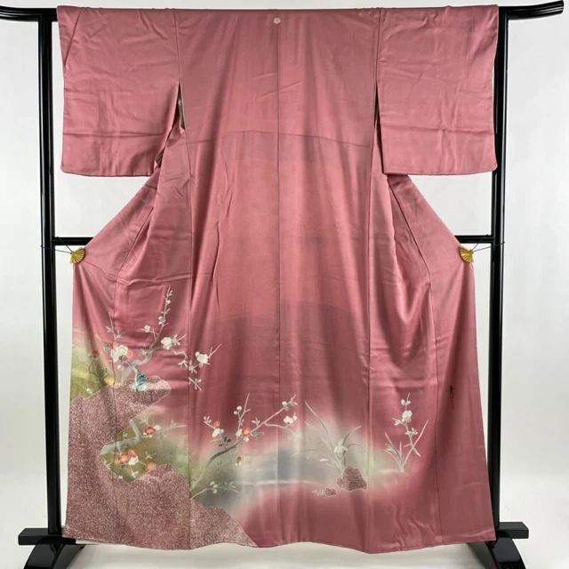 Woman Japanese Kimono Iro-Tomesode Silk Crest PlumBlossom Gold Foil Pink