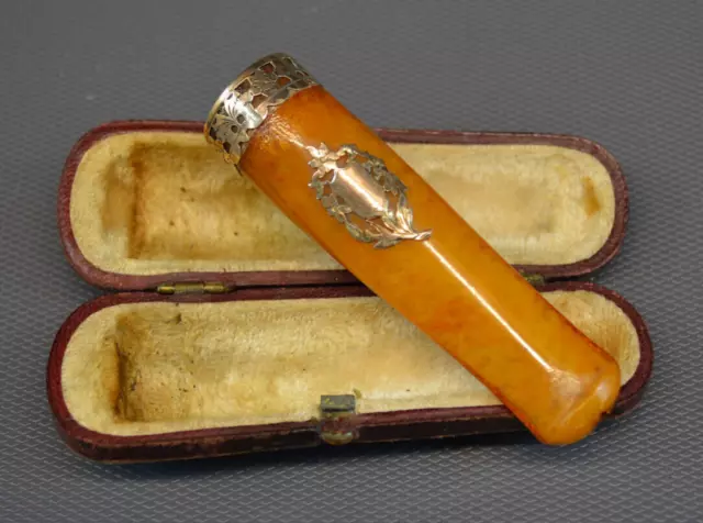 Ancien Fume Cigarette Ambre Et Vermail Ref Ap160/2