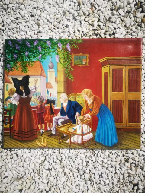 Magnifique grande toile tableau peinture huile famille Alsace signée GUENO