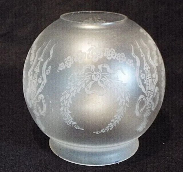 Old Antique GLASS OIL LAMP BANQUET SHADE Mini Ball Frosted FLORAL 3 1/4" Fitter