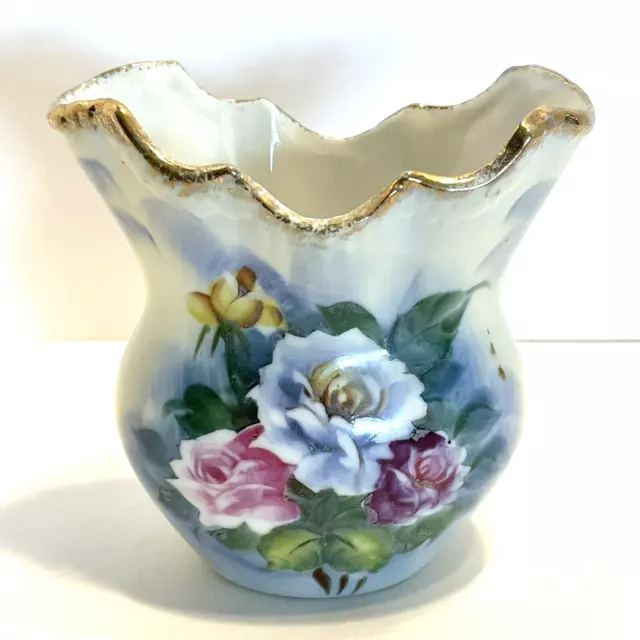 Vintage Ucagco Ceramic Vase Hand Painted Flowers Roses with Gold Rim Cottagecore