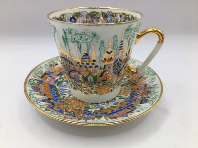 Opulent Lomonosov heavily gilded & hand painted cup & saucer - St Petersburg?