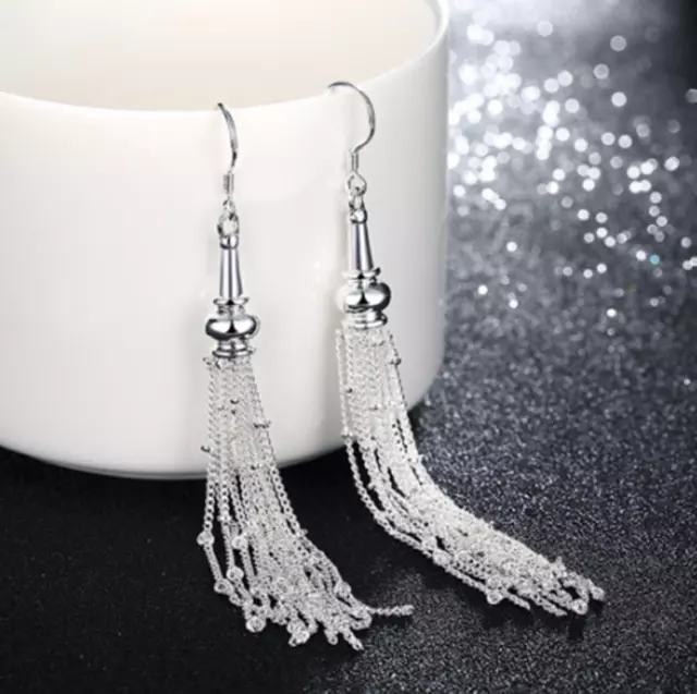 Womens Sterling Silver 86mm Long Tassel Drop Dangle Hook Pierced Earrings #EA100