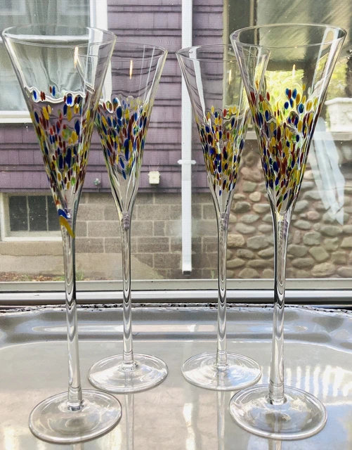 4 Pier 1 Confetti Champagne Flute Multicolor Barware Trumpet Shape Hand Blown