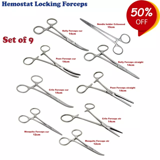 Set of 9 Pinzas Hemostática Locking forceps