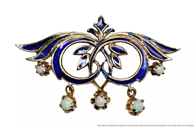 Antique 14K Gold Art Nouveau Natural Opal Blue Enamel Brooch Pendant 6.7g