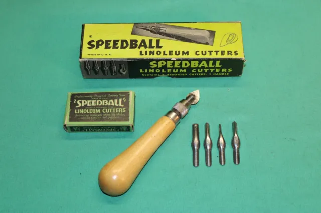 Cortador de linóleo vintage Hunt Pen Speedball original Caja y 5 cuchillas EE. UU.