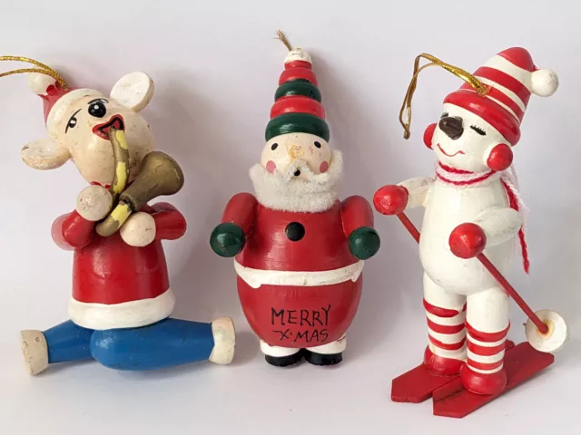 3x VINTAGE HANDMADE HAND PAINTED WOODEN XMAS DECORATIONS Santa Snowman Reindeer