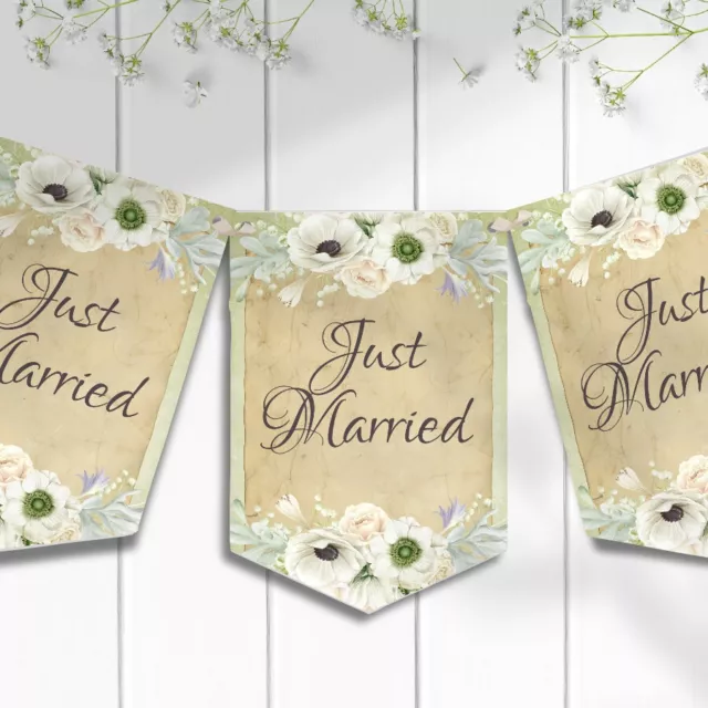 Vintage Style Just Married Bunting, Rustic Wedding Decorations, Venue Reception