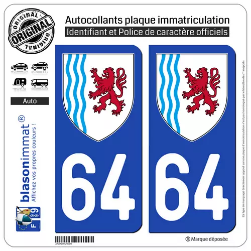 2 Stickers autocollant plaque immatriculation : 64 Nouvelle Aquitaine LogoType