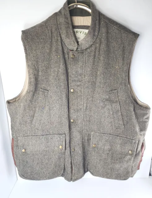Orvis Herringbone Wool Vest Mens XXL Donegal Tweed Leather Primaloft Insulated