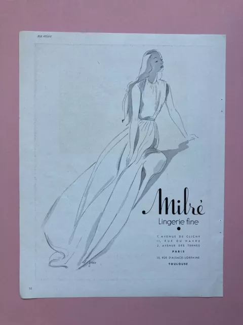 publicité Milré lingerie 1945 vintage advertising illustration pub Labbey tissus