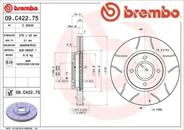 2 dischi freno Brembo 09.C422.75 2 dischi freno assale anteriore anteriore per Ford
