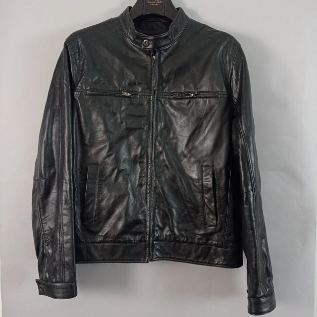 Autograph Leather Biker Jacket Mens Large Black Aviator Bomber Full Zip M&S