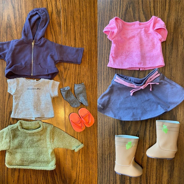 American Girl TRUE SPIRIT OUTFIT Pink Top GRAY SKIRT Boots SWEATER 18" Doll LOT
