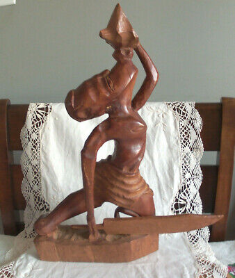 VTG African Teak Wood Carving Warrior Figure Sculpture with Weapon 14"