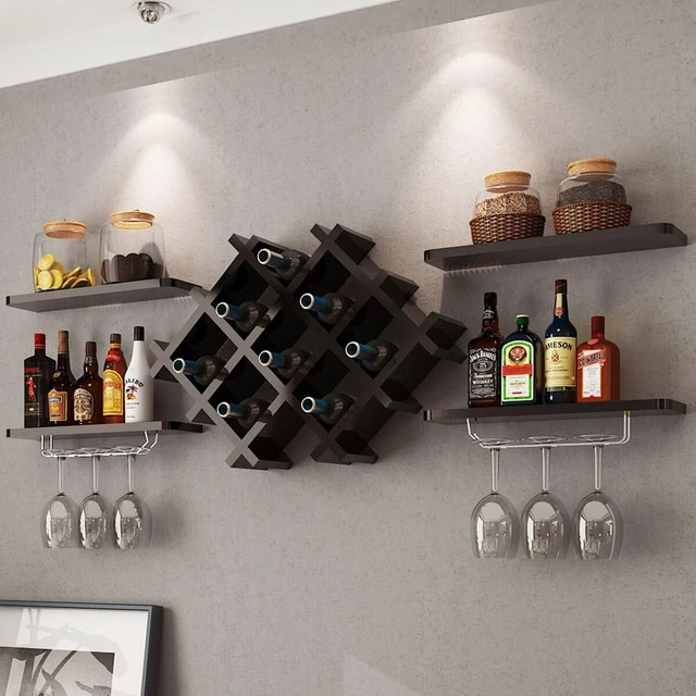 Wine Rack Wall Mounted Set of 5, Wood Wall Wine Shelf Racks with Glass Holder