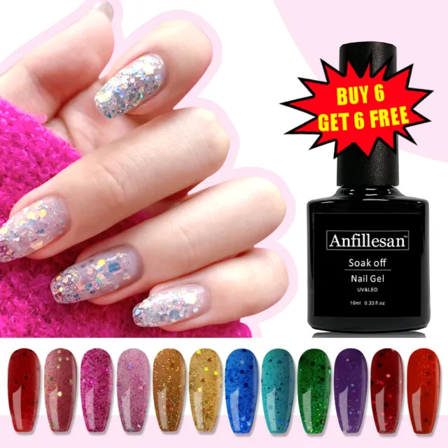 Anfillesan Glitter Gel nail Polish Soak off UV LED Dazzle Varnish Top Base 10ml