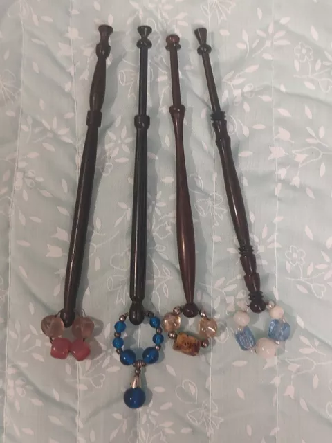 4 Dark Wood Lace Bobbins, Turned Wood with Spangles