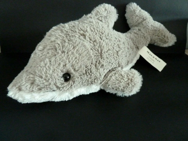 *. DOUDOU PELUCHE MAX ET SAX DAUPHIN GRIS BLANC POIL LONG 35cm  EXCELLENT ETAT