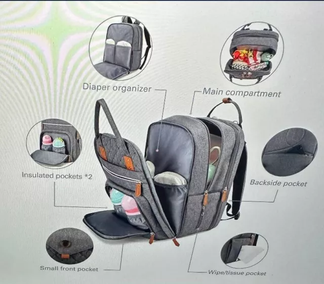 Baby Diaper Bag Backpack Large Capacity Foldable Changing Station Multi Pockets