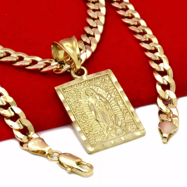 Mens 18k Gold Plated Brass Guadalupe Pendant 6mm 24" Cuban Chain