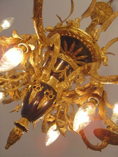 Chandelier Cherubs Empire Brass French Black Varnish Lamp 12 Lights Ø 28"