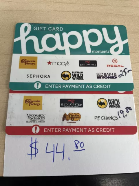 Happy Gift Cards $44.80 Sephora Macys Cheesecake Factory Red Lobster Buffalo