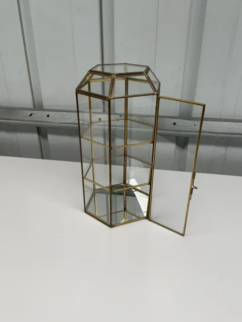 Vtg Brass And Glass Miniature Hexagonal Dome Top Mirrored Bottom Display Cabinet
