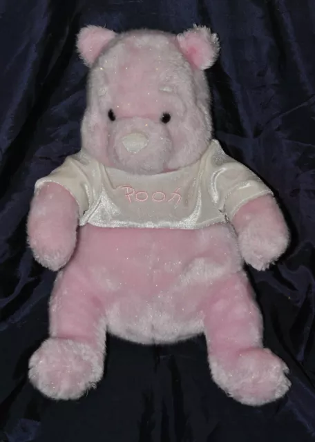 Peluche Doudou Winnie Rose Paillettes DISNEY STORE Blanc Satin 30 Cm Assis TTBE