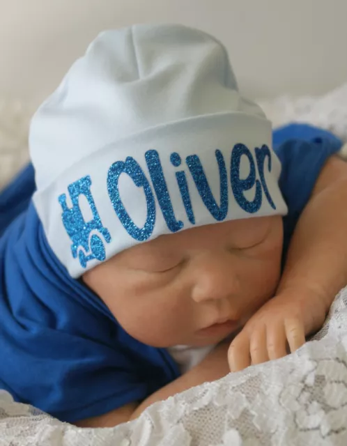 Personalised Baby Beanie Hat Cap baby shower gift custom Blue Newborn-12 months