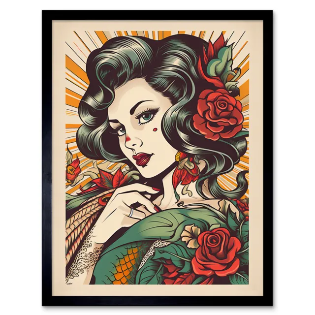 Tattoo Pin Up Girl Roses Rockabilly Americana 50s Framed Print Wall Art 12x16
