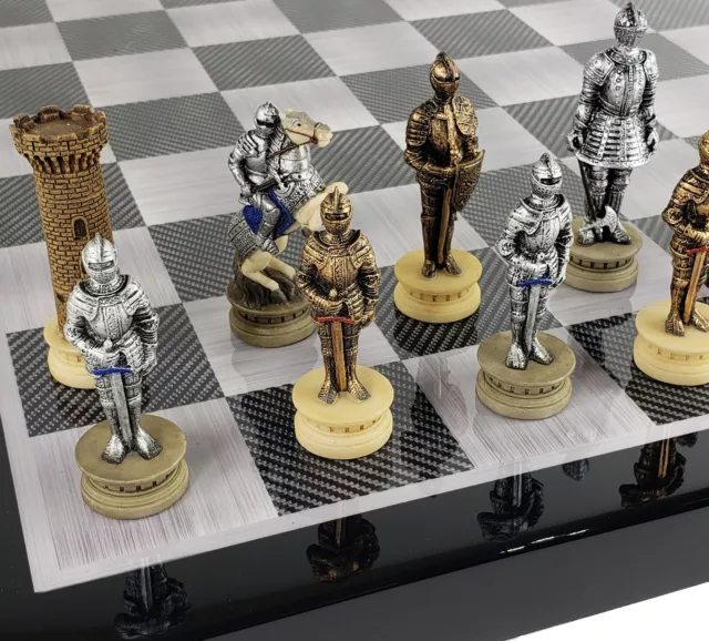 Medieval Times Knight Pewter Metal Chess Set Antique Finish W 17 Castle  Board